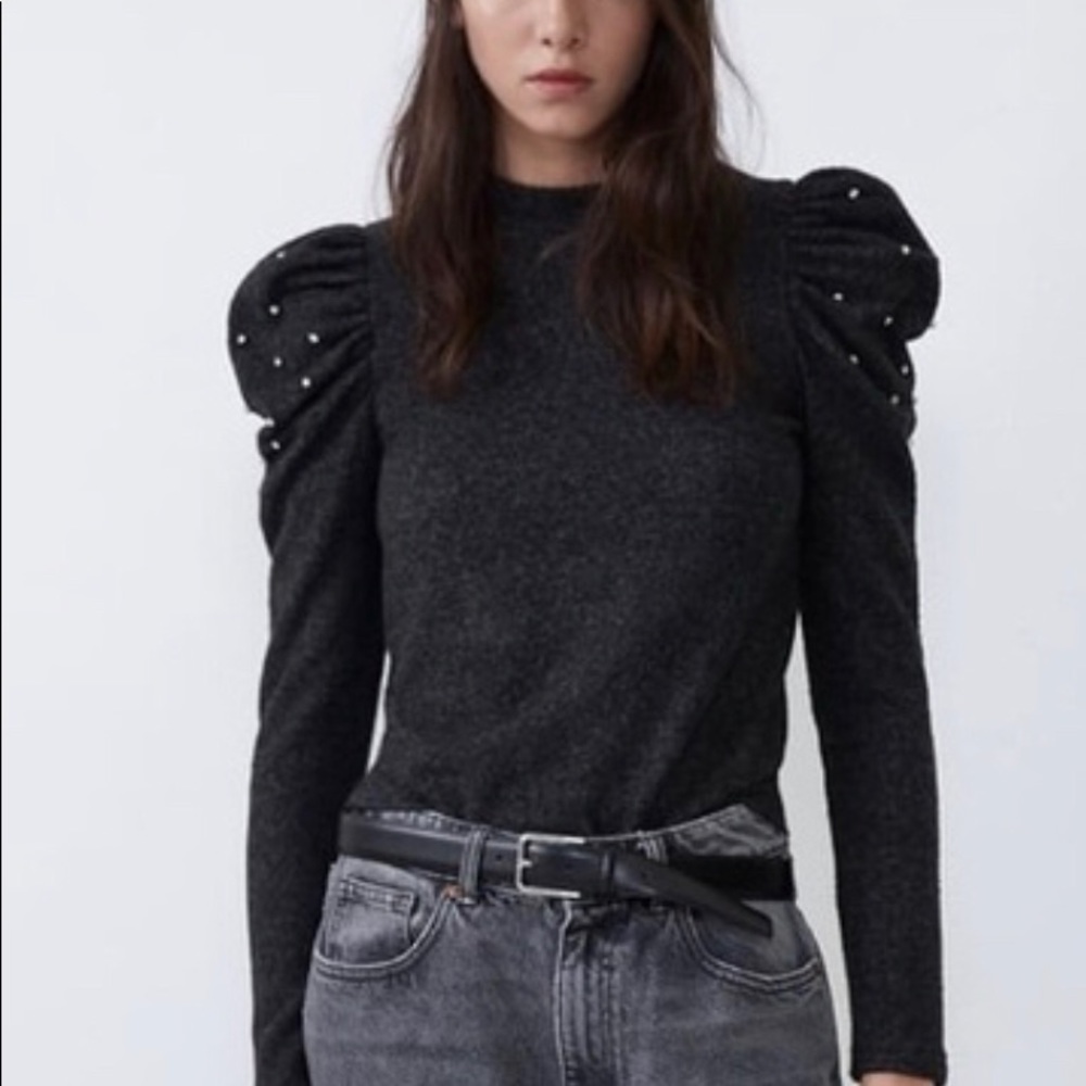 Zara medium puff sleeve charcoal grey puff sleeve sweater with rhinestones.
